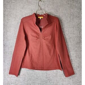 Lole Women's L-XL Paprika Orange Knit Shirt Top V-Neck Roll Tab Sleeve EUC